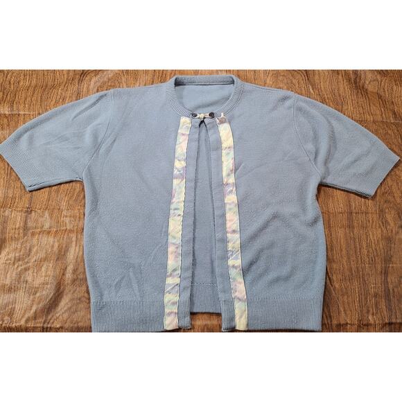 Vintage 1960s Blue Ribbon Trim Crew Neck Summer Cardigan XS/Sm One Button Knit - Picture 2 of 7